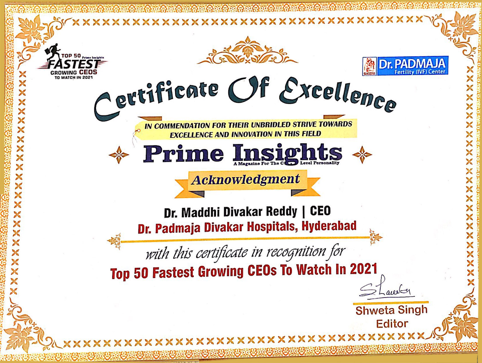 Certificate of Excellence Prime Insights