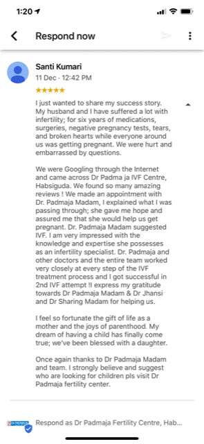 An Amazing Google Review by an Ecstatic Mother on Delivery of Her IVF/ICSI Baby @ Dr. Padmaja Divakar Fertility (IVF & Surrogacy) Centers in First Attempt Success